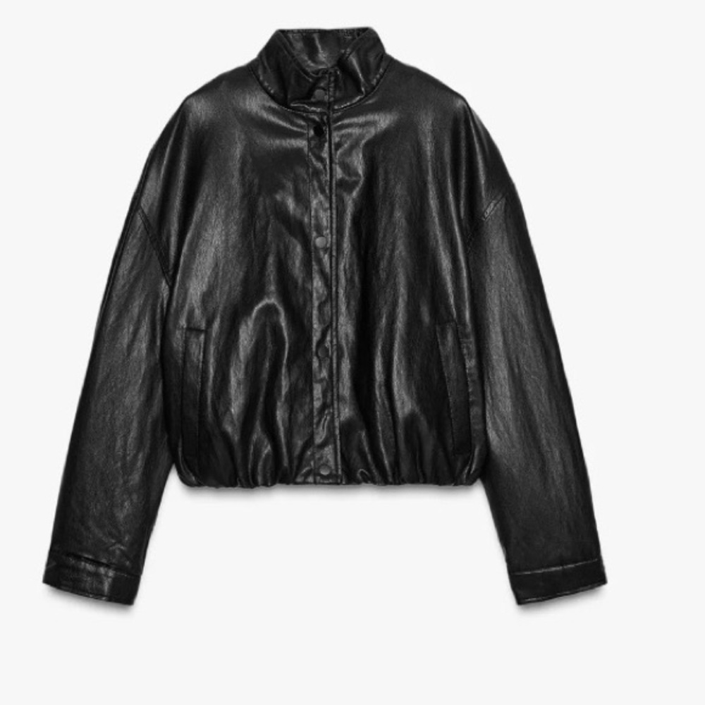 High Collar Faux Leather Bomber Jacket - Black